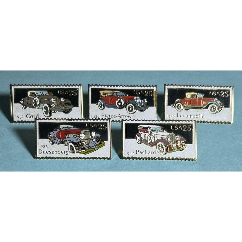 5 Antique Automobiles 1988-25cUSPS Postage Stamp Pins -Dusenburg,Pierce Arrow +